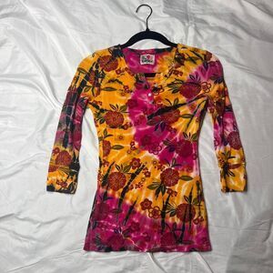 Lucky Brand Y2K Colorful Floral Tie Dye Henley Top